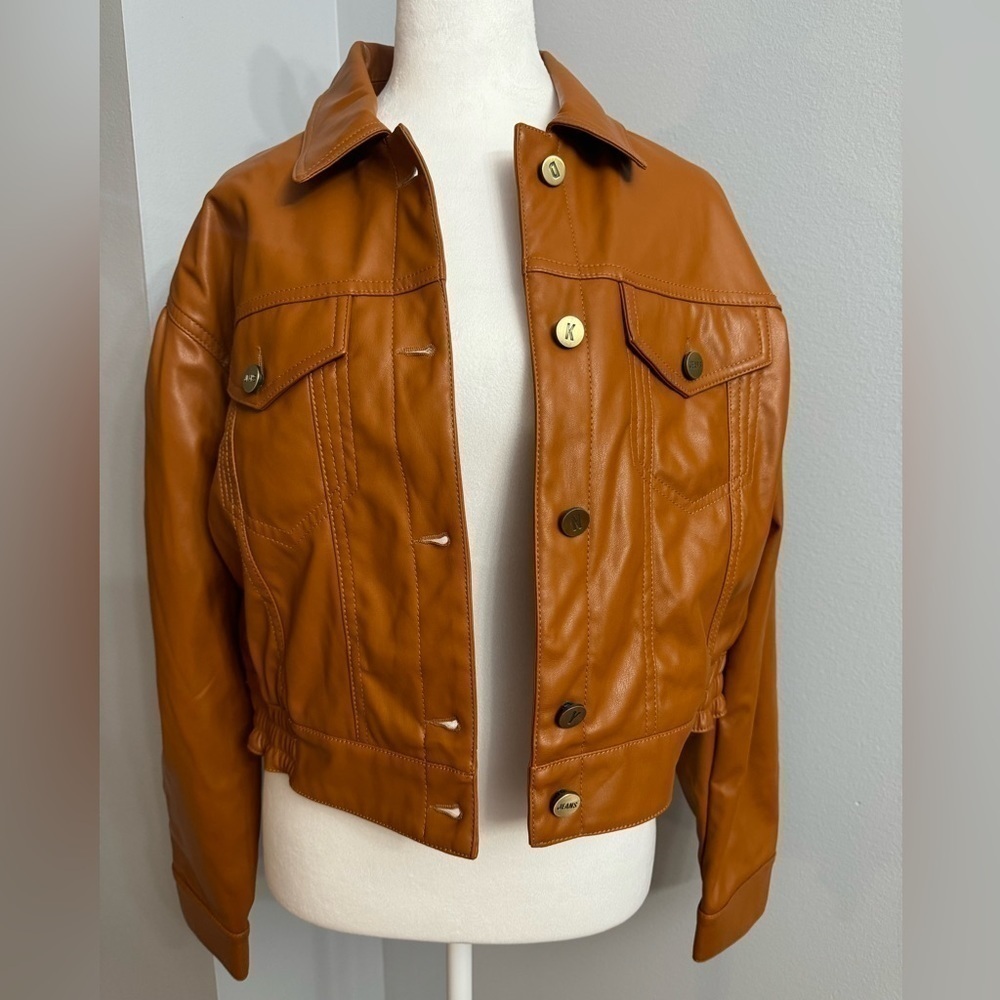 DKNY, Tan Faux Leather Crop Jacket, M